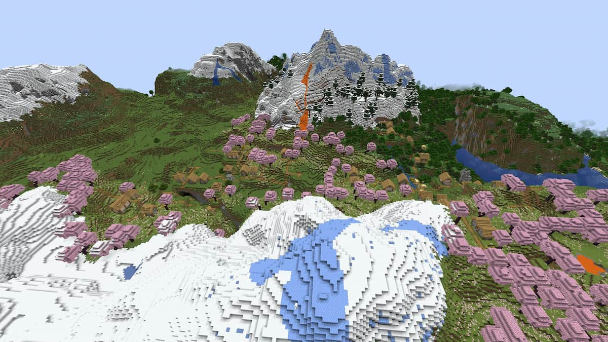 Un long bosquet de cerise à Minecraft entre deux montagnes