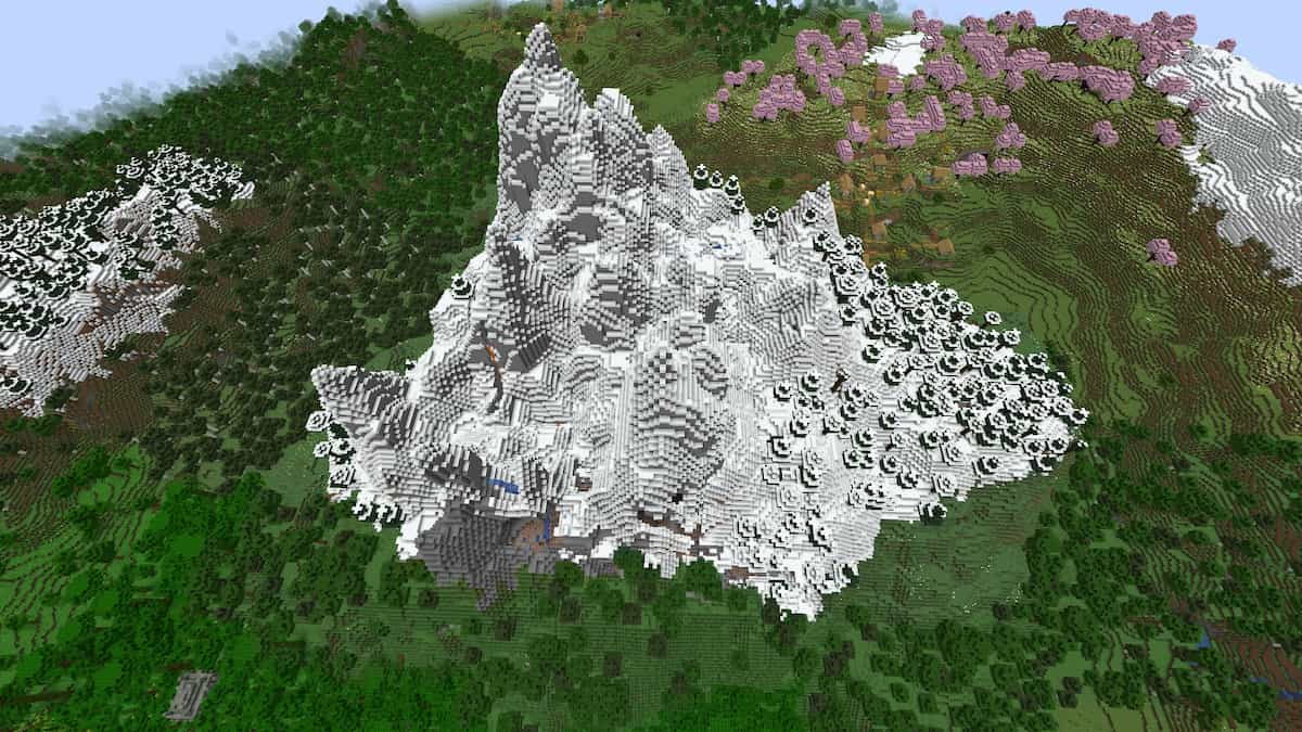 Un Grove Cherry Minecraft à côté d'une montagne enneigée avec un temple de la jungle