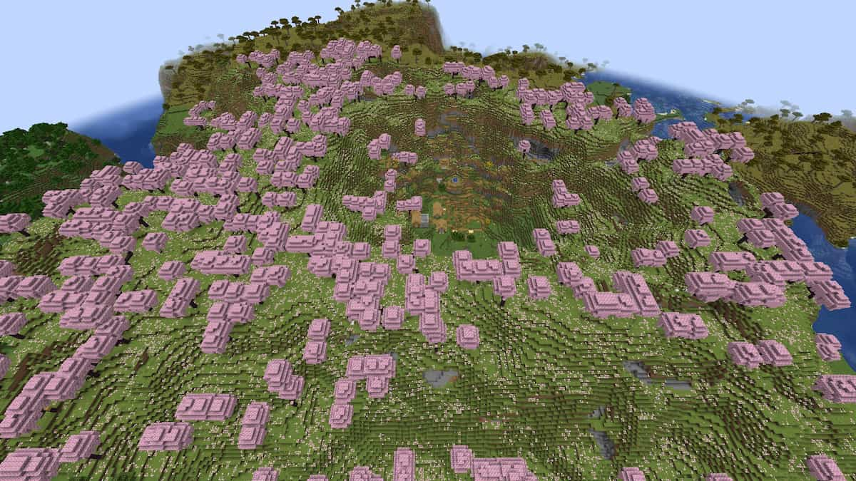 Un village des plaines caché dans un biome minecraft cerise