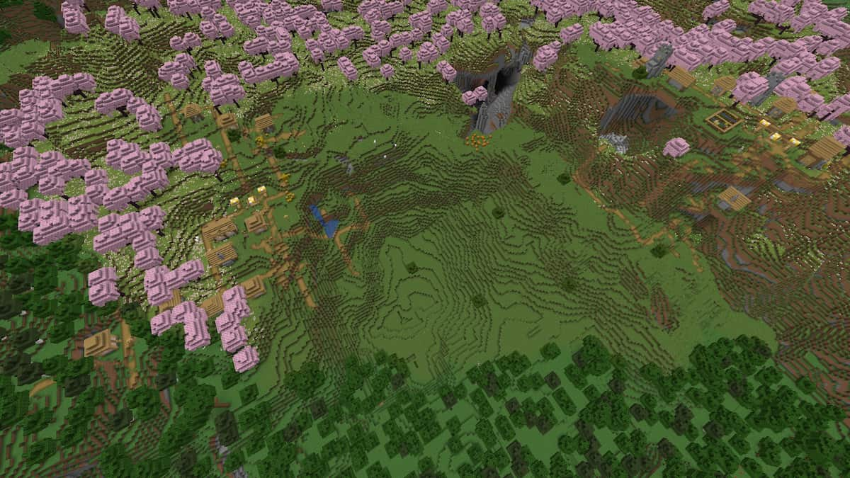 Une vallée avec deux villages de plaines dans un biome Minecraft Cherry Grove