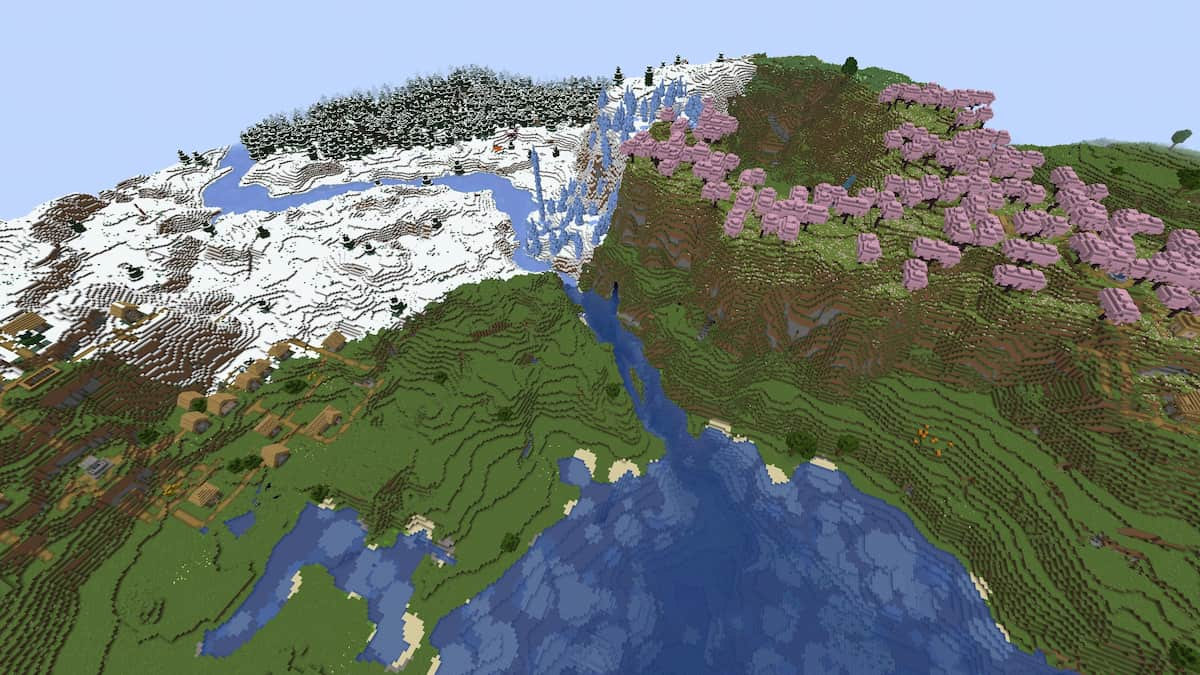 Un anneau de biome Cherry Grove à côté d'un biome à la glace à Minecraft