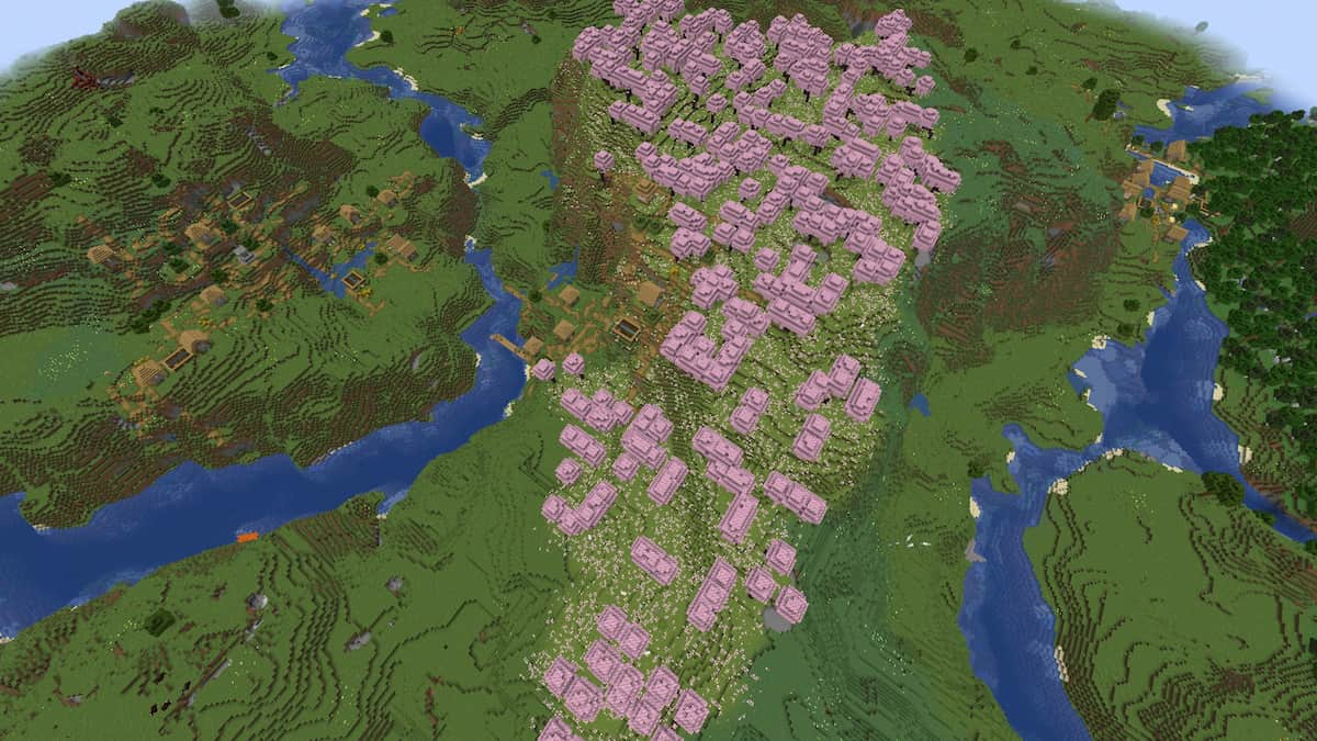 Un Grove Cherry Minecraft entouré de trois villages de plaines