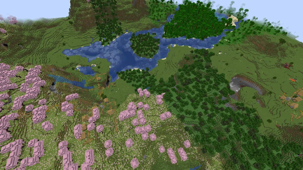 Un Grove Cherry Minecraft avec deux villages de plaines, un portail en ruine, une jungle et un biome forestier