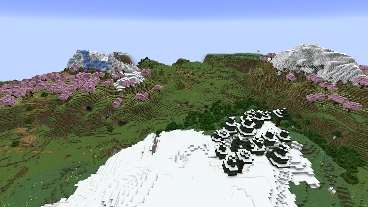 Deux petites montagnes Cherry Grove avec deux villages Minecraft Plains