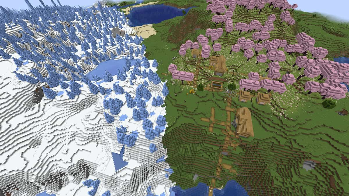 Un biome Cherry Grove avec un village des plaines à côté d'un biome à la glace à Minecraft