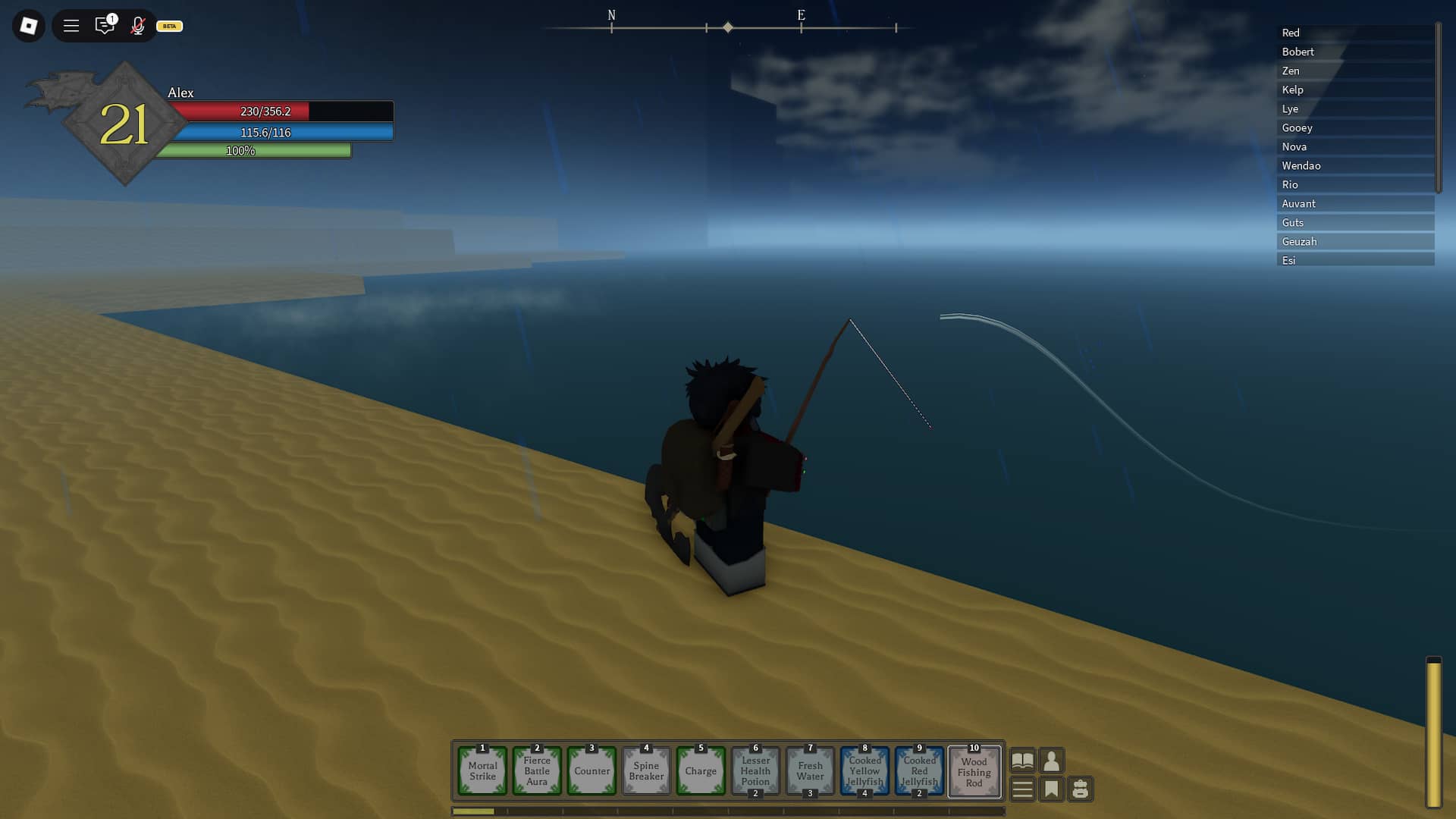 Joueur pêche à la plage de Rune Slayer Roblox Experience