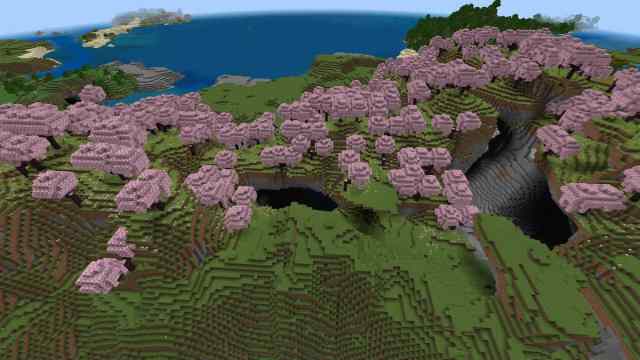 Une caverne géante dans un biome minecraft cerise