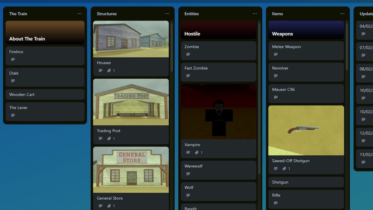 Le tableau de Trello Dead Rails