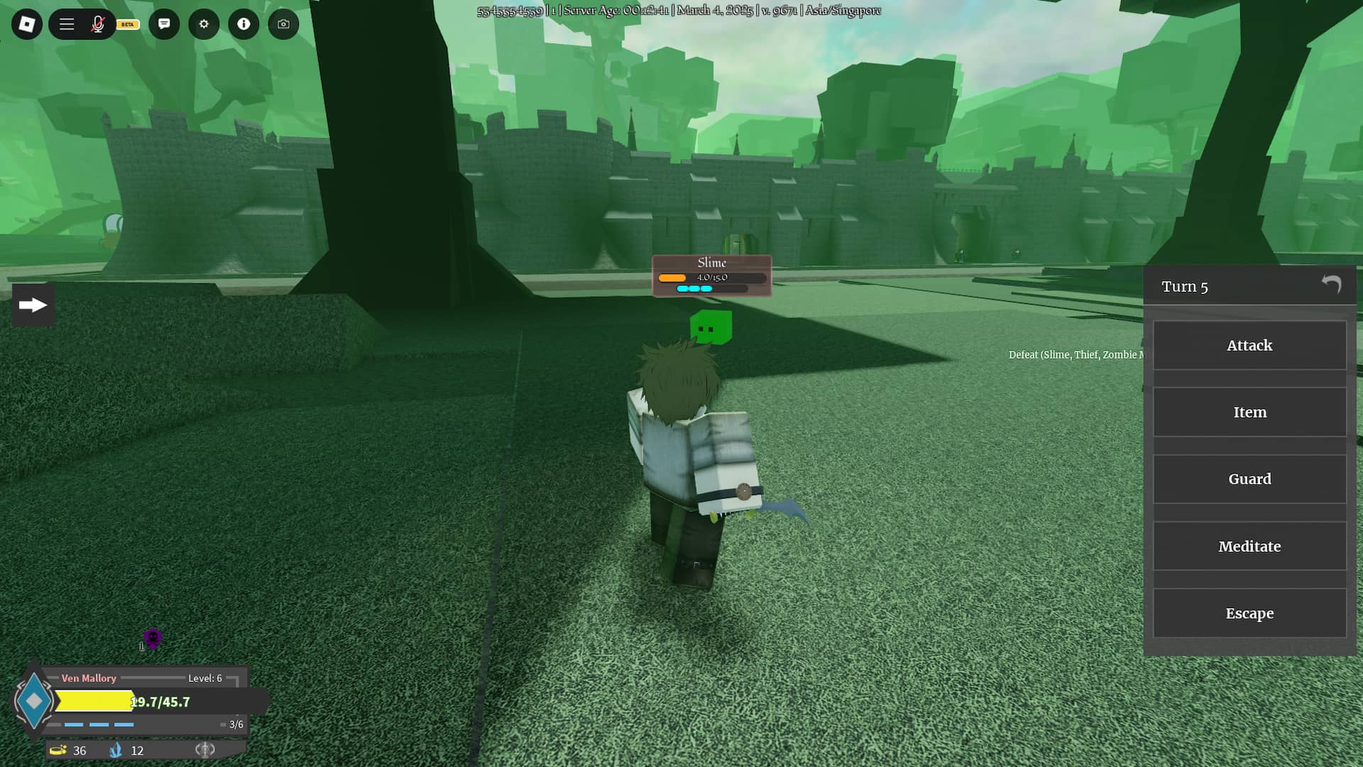 Joueur au combat dans une expérience Roblox de lignée arcanique