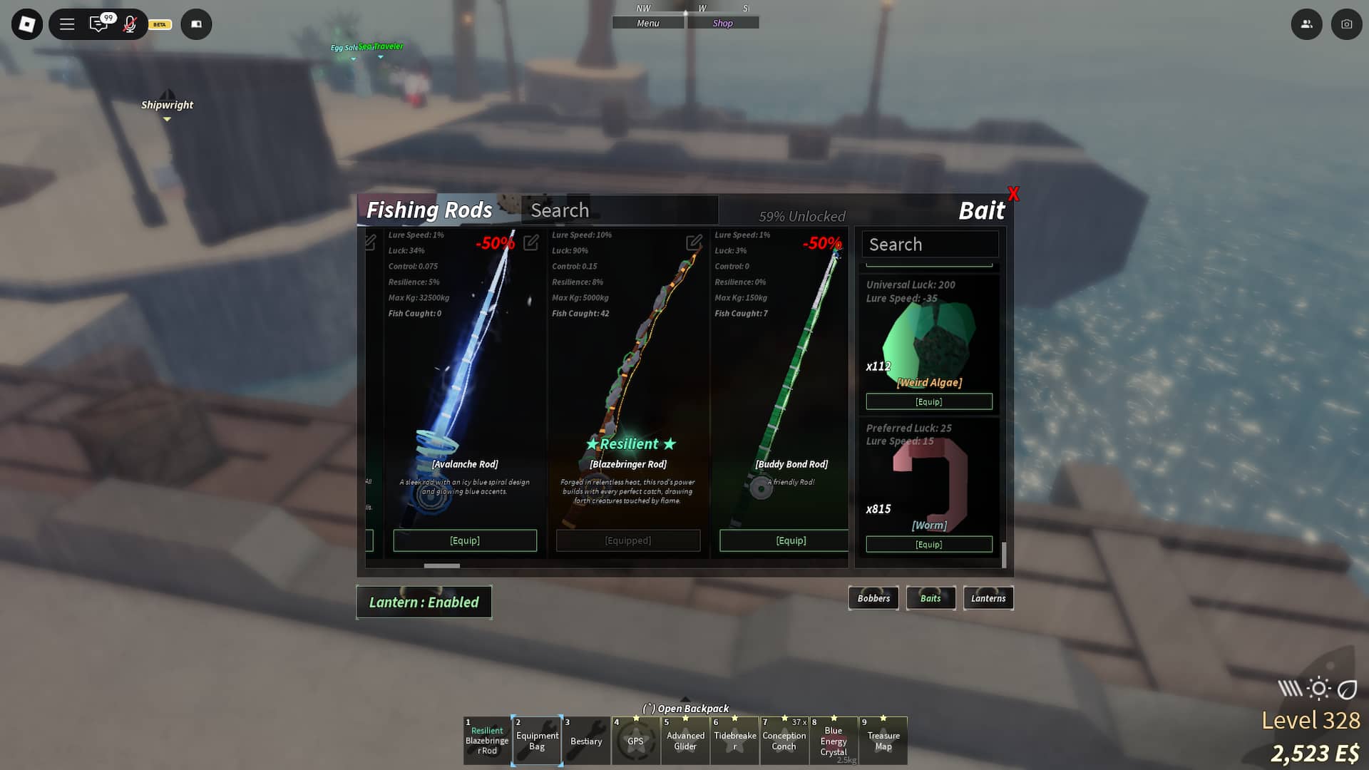 Joueur utilisant la canne Blazebringer dans la deuxième mer dans l'expérience de Fisch Roblox