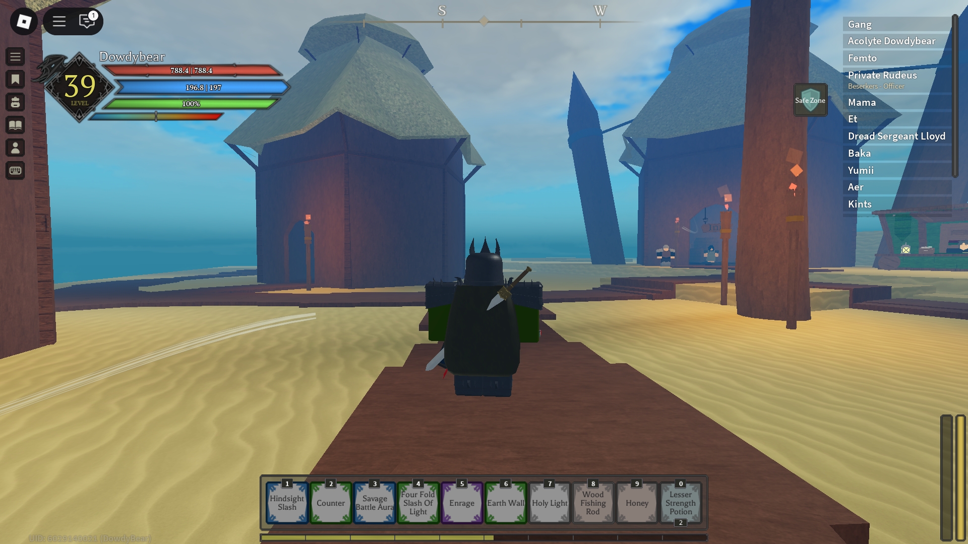 Rune Slayer Player se tient dans un village de plage