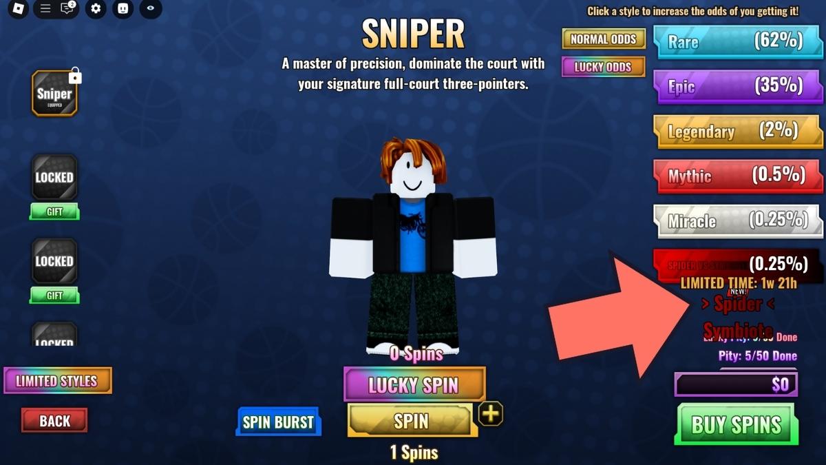 Style d'araignée dans Gacha Spin of Basketball Zero