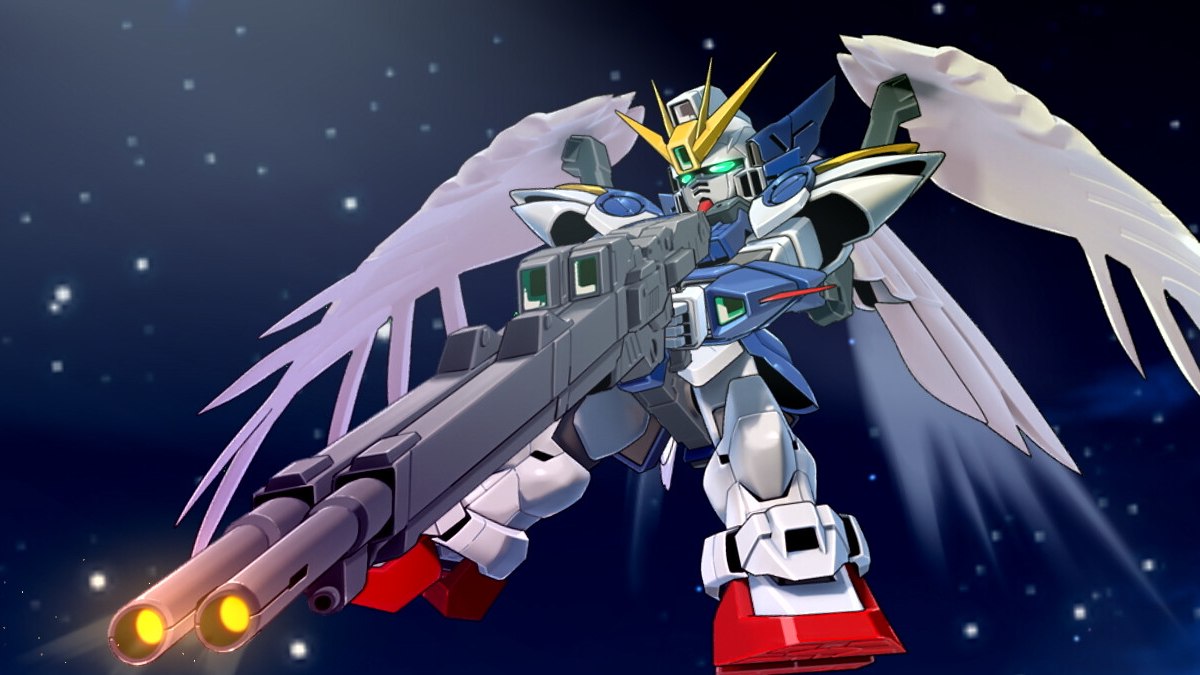Super Robot Wars y Robot volant dans l'espace avec des ailes tenant un long pistolet ferroviaire