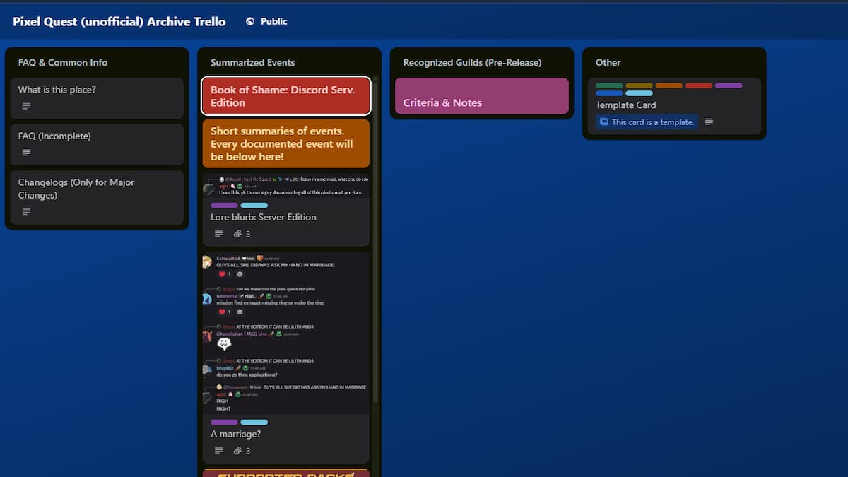 Le tableau Pixel Quest Trello