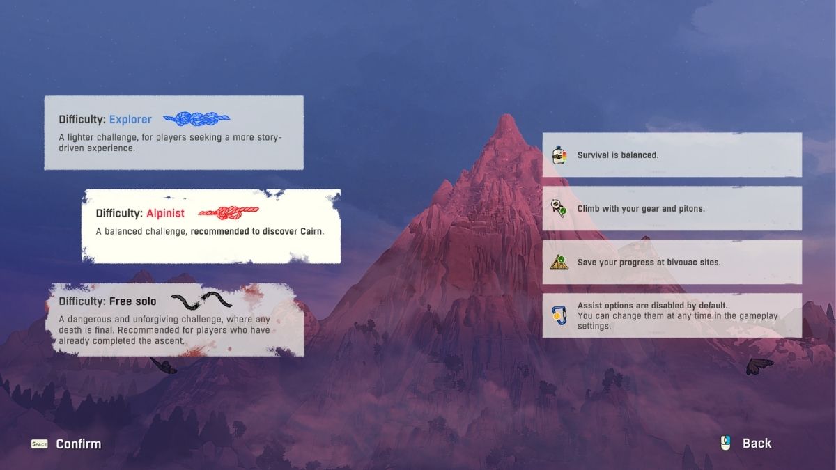 Options de difficulté du jeu Cairn