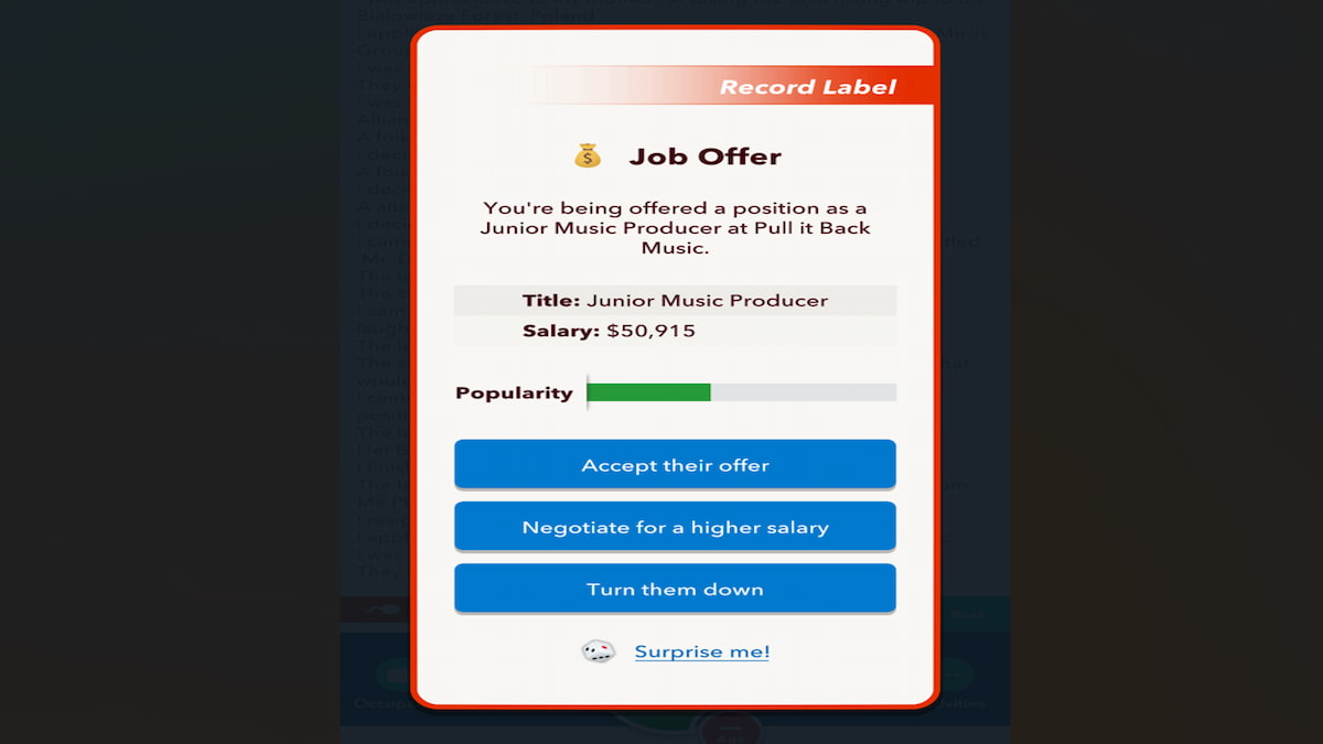 L'offre d'emploi de producteur de musique dans BitLife