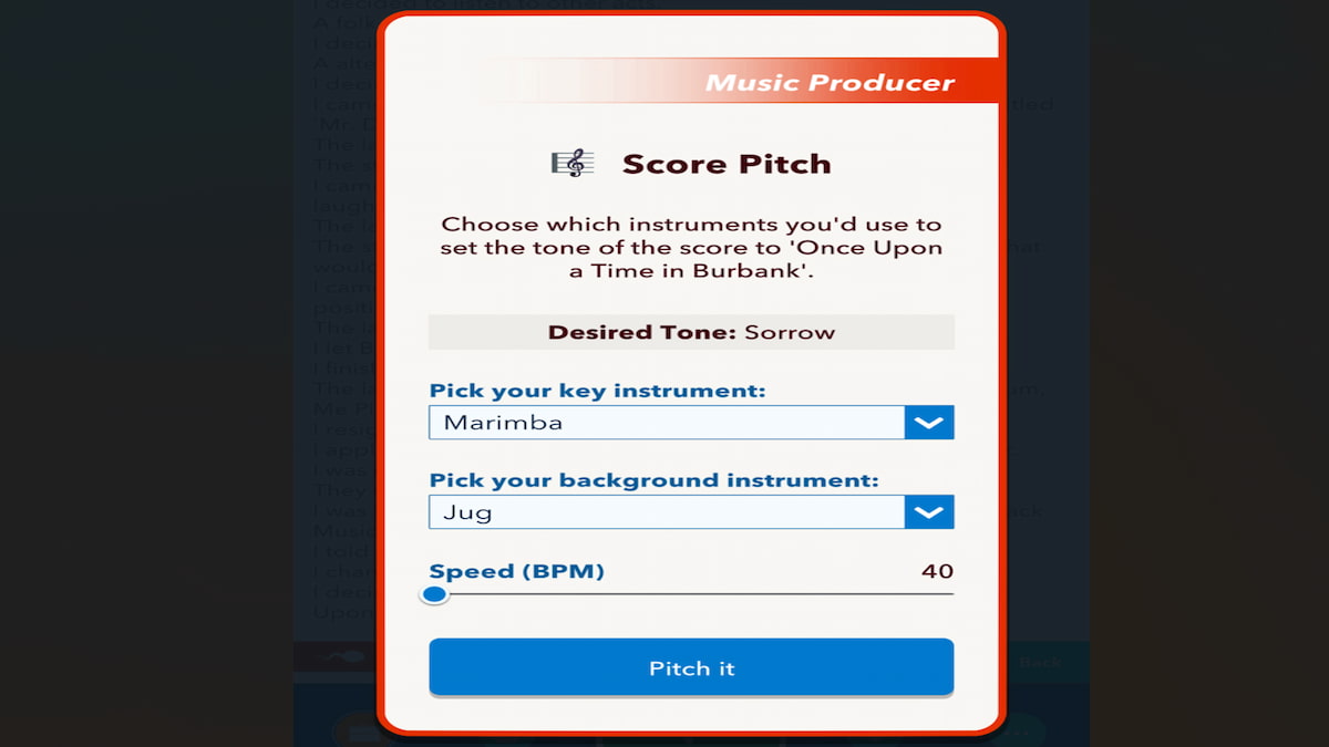 Le menu Score Pitch dans BitLife