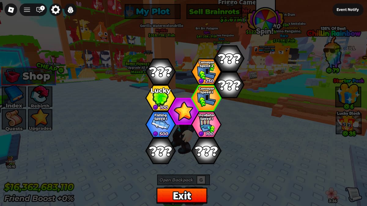 Fonctionnalité de mise à niveau dans My Fishing Brainrots