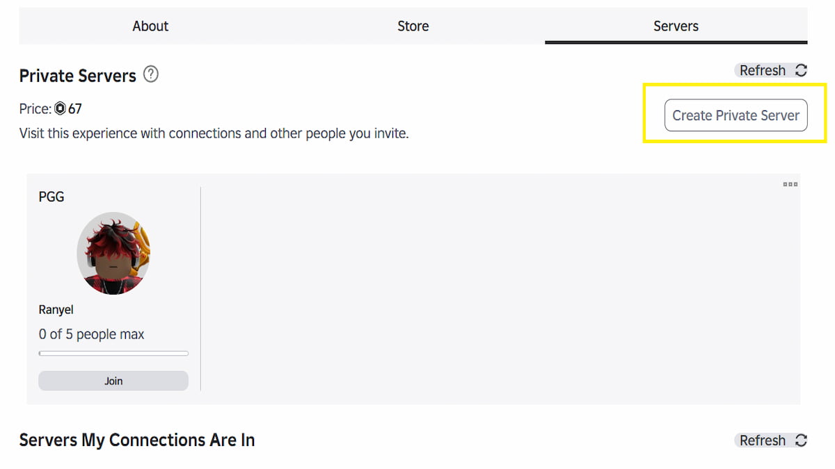 Le bouton de création du serveur