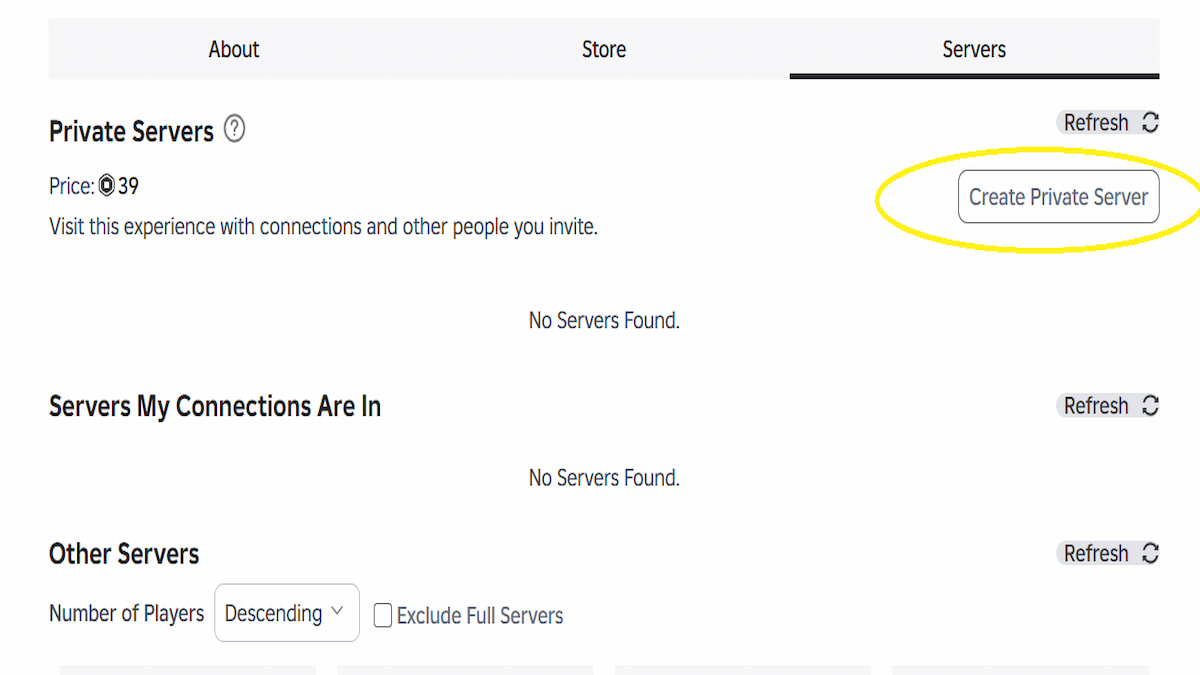 Le menu d'achat du serveur privé