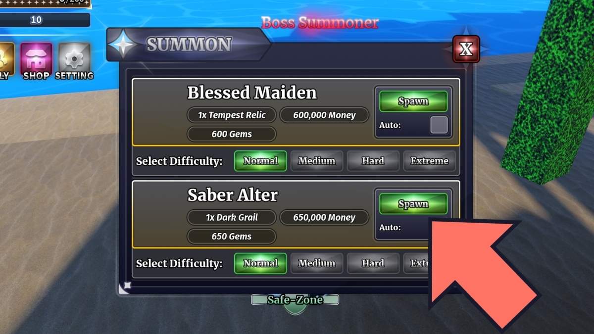 Emplacement de Saber Alter Boss dans Sailor Piece