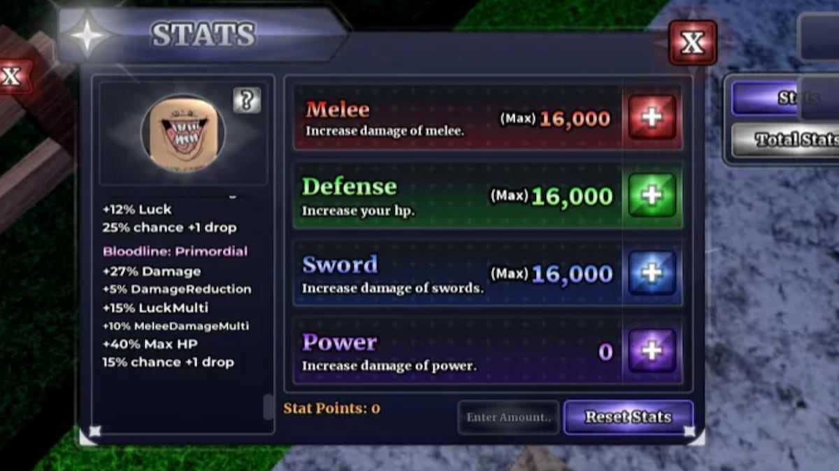 Le menu des statistiques du joueur dans Sailor Piece