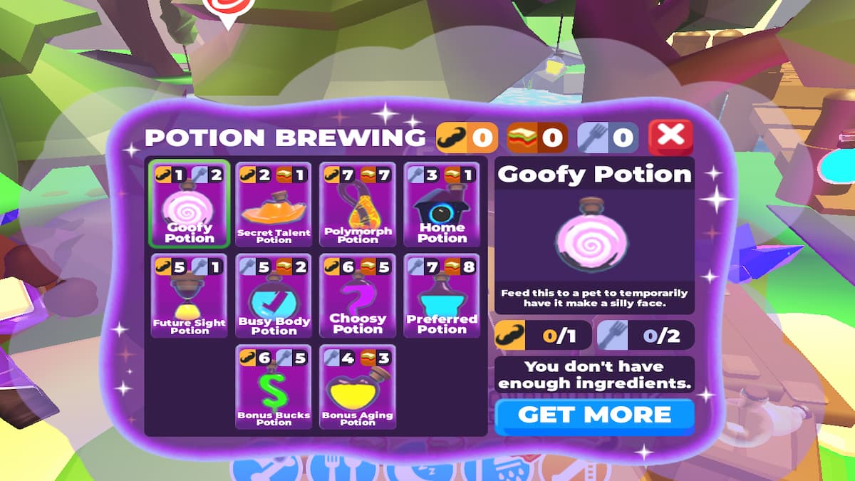 Le menu de fabrication de potions dans Adopt Me