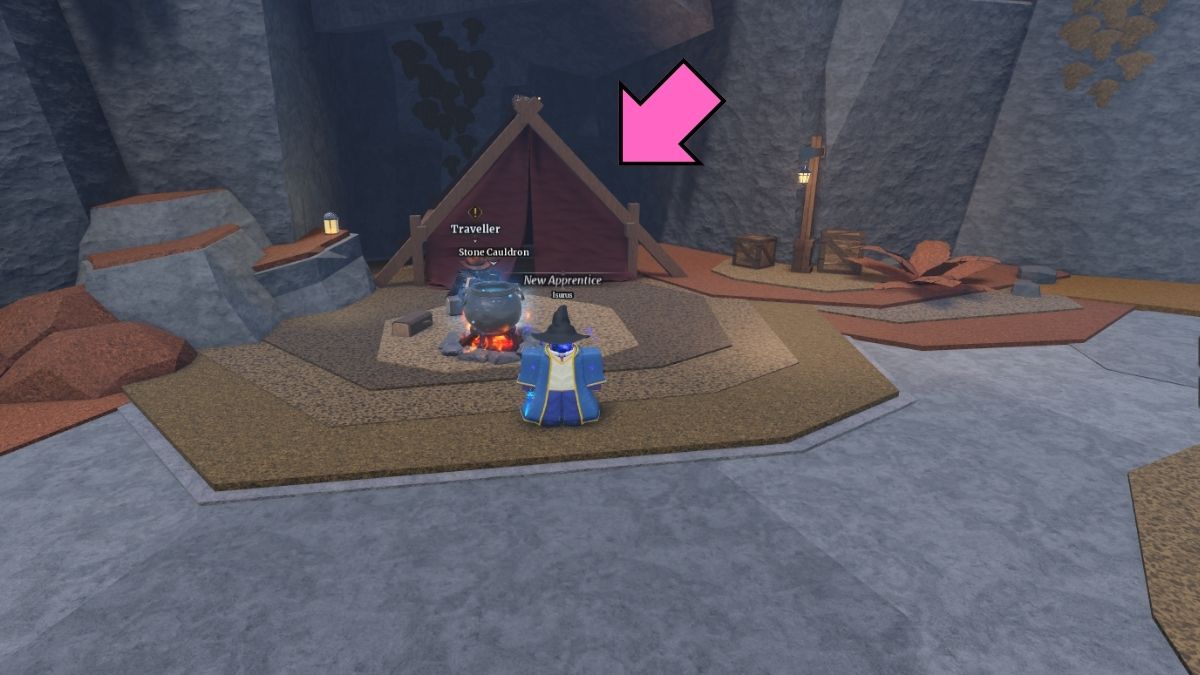 Emplacement du coffre derrière la tente et du PNJ Voyageur dans Wizard Alchemy