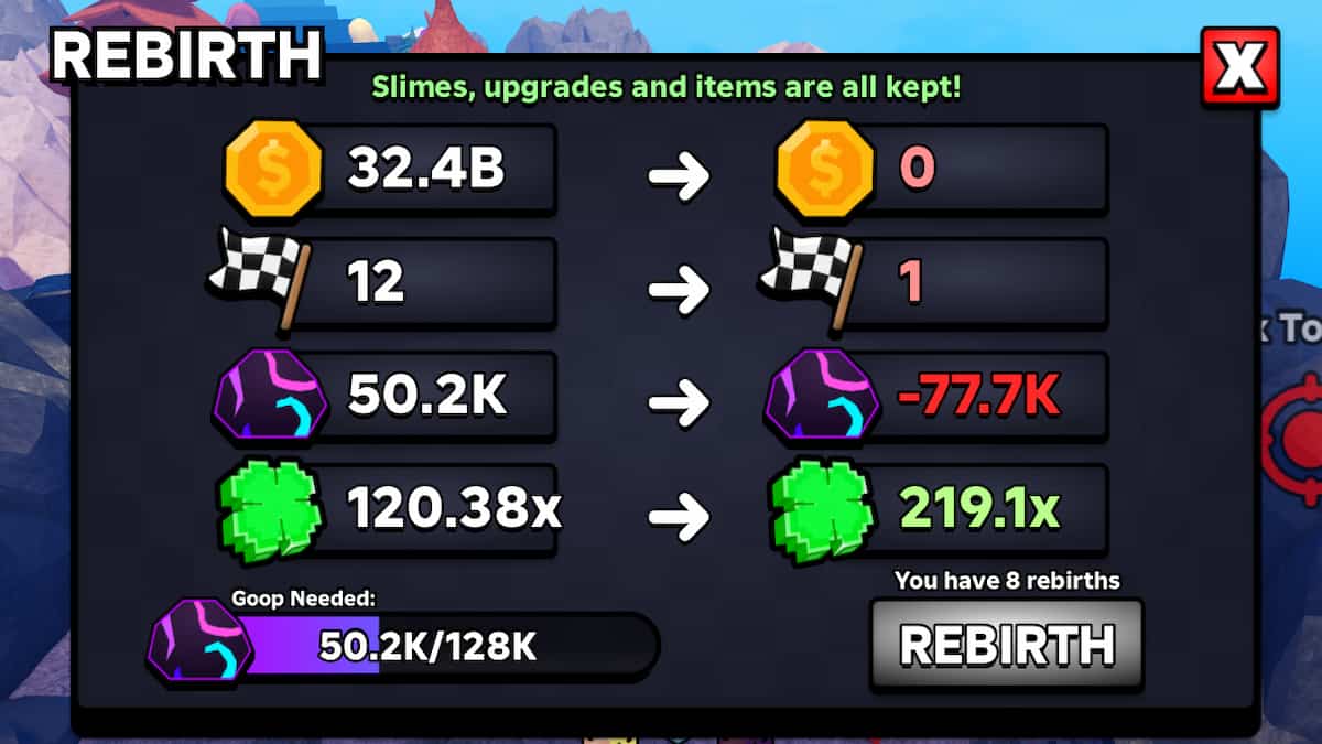 Le menu Renaissance dans Slime RNG