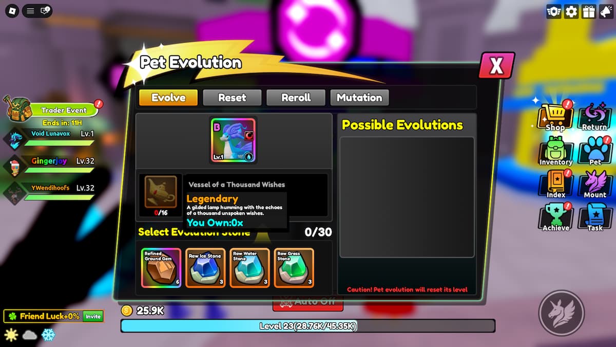 image montrant le menu Pet Evolution dans Catch a Monster