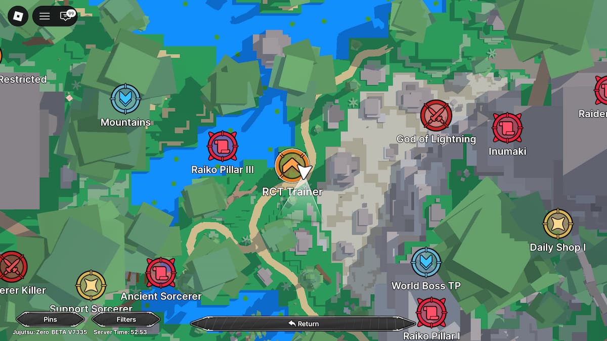 image montrant l'emplacement du RCT Trainer sur la carte Jujutsu Zero