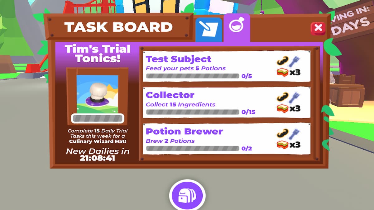 La section Taskboard de Tim's Quest dans Adopt Me