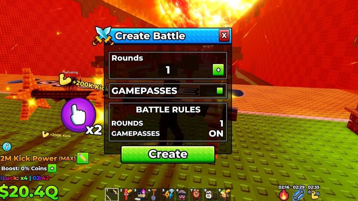Création d'un lobby Kick Battles dans Kick A Lucky Block