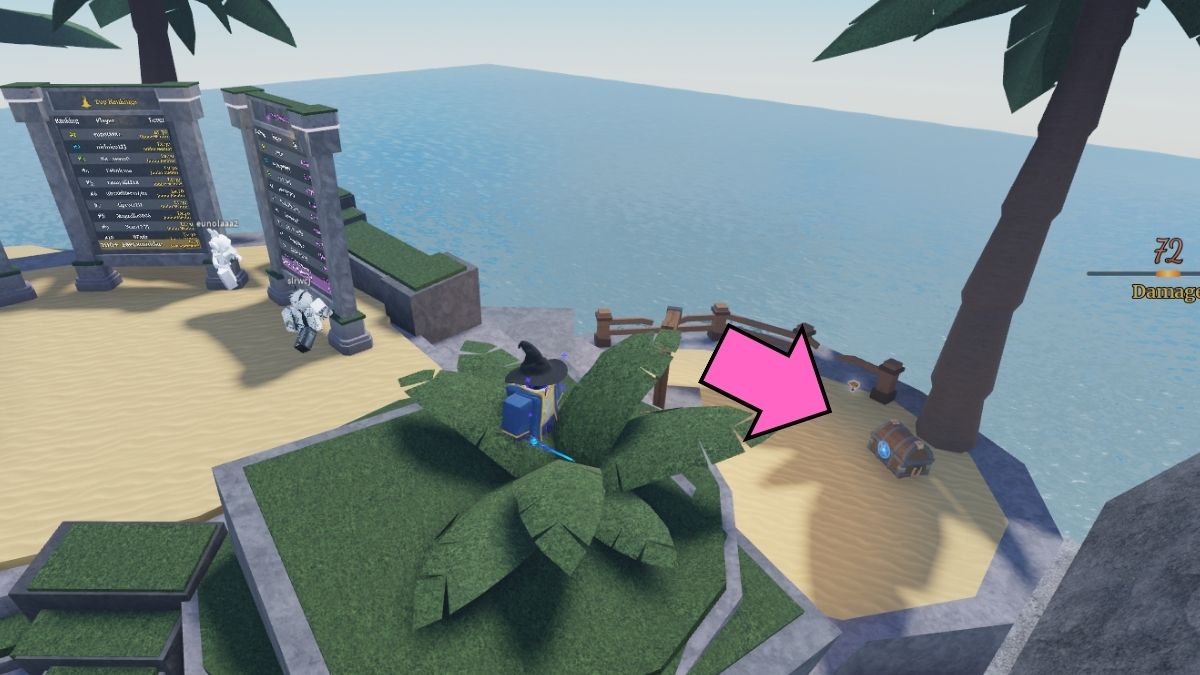 Roblox Wizard Alchemy l'emplacement de l'un des coffres, à droite du classement