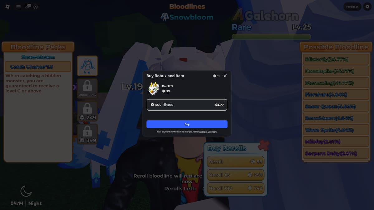 image montrant l'option d'achat Bloodline Reroll dans Blox Monsters