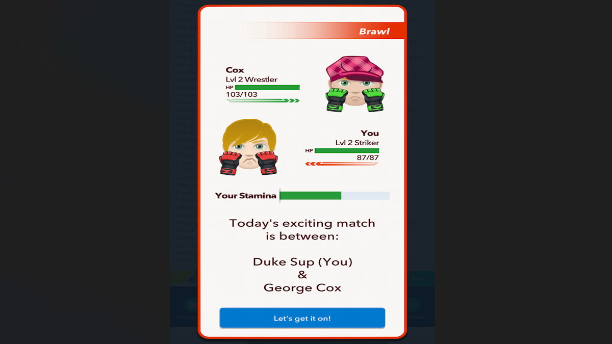 Le menu du mini-jeu de combat BitLife