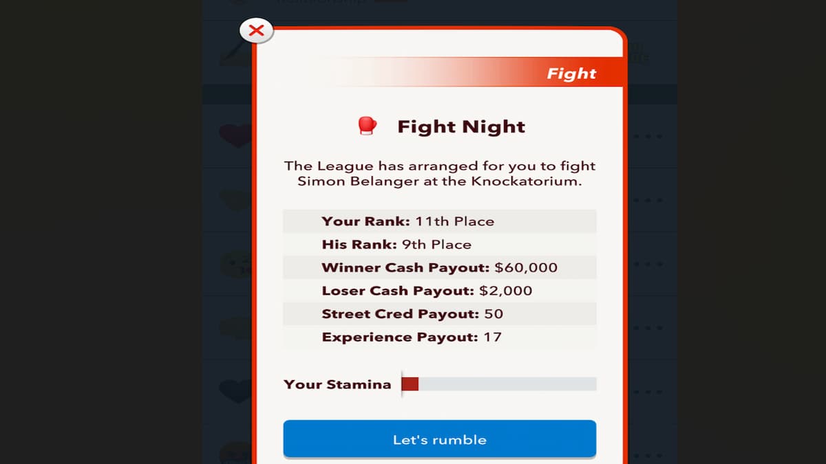Le menu de combat de la BitLife League