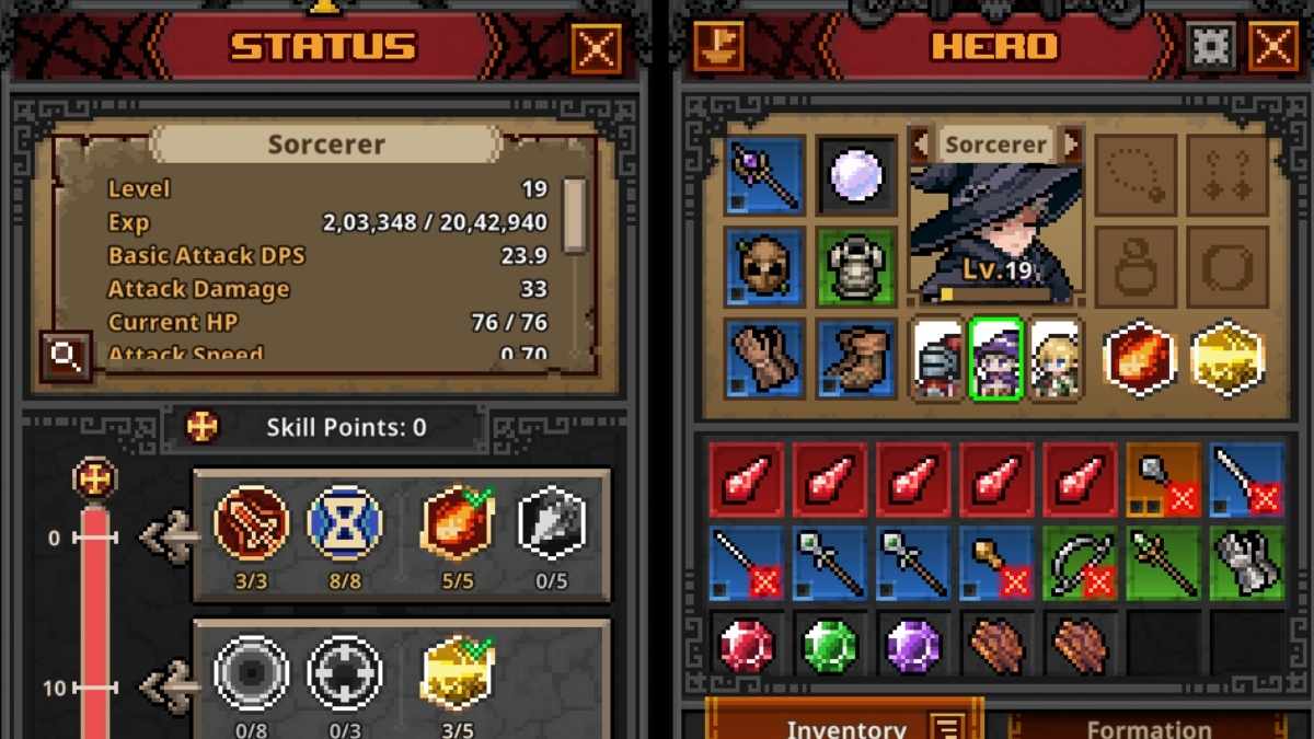 Statut et statistiques du sorcier dans TBH Task Bar Hero