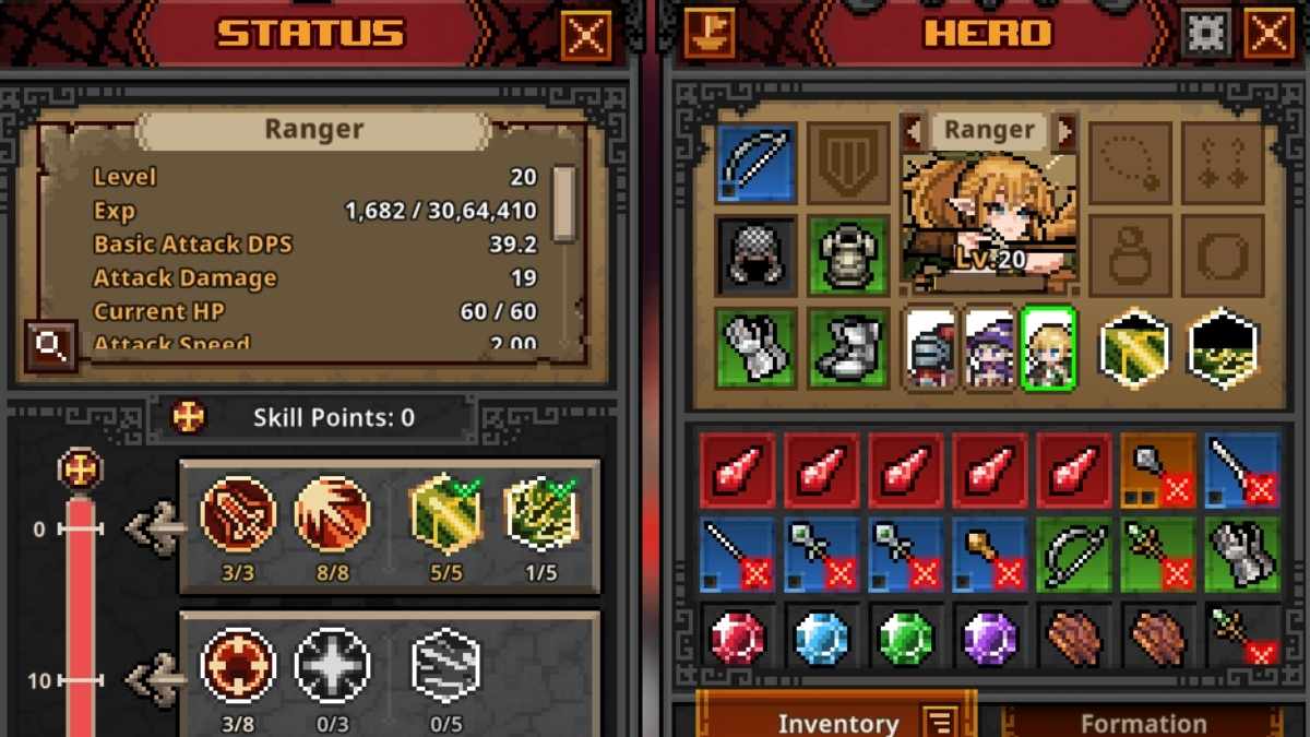 Statistiques et allocation du héros Ranger dans la barre des tâches TBH Hero