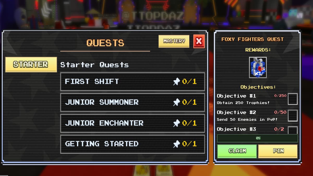 Le menu des quêtes dans FNTD 2