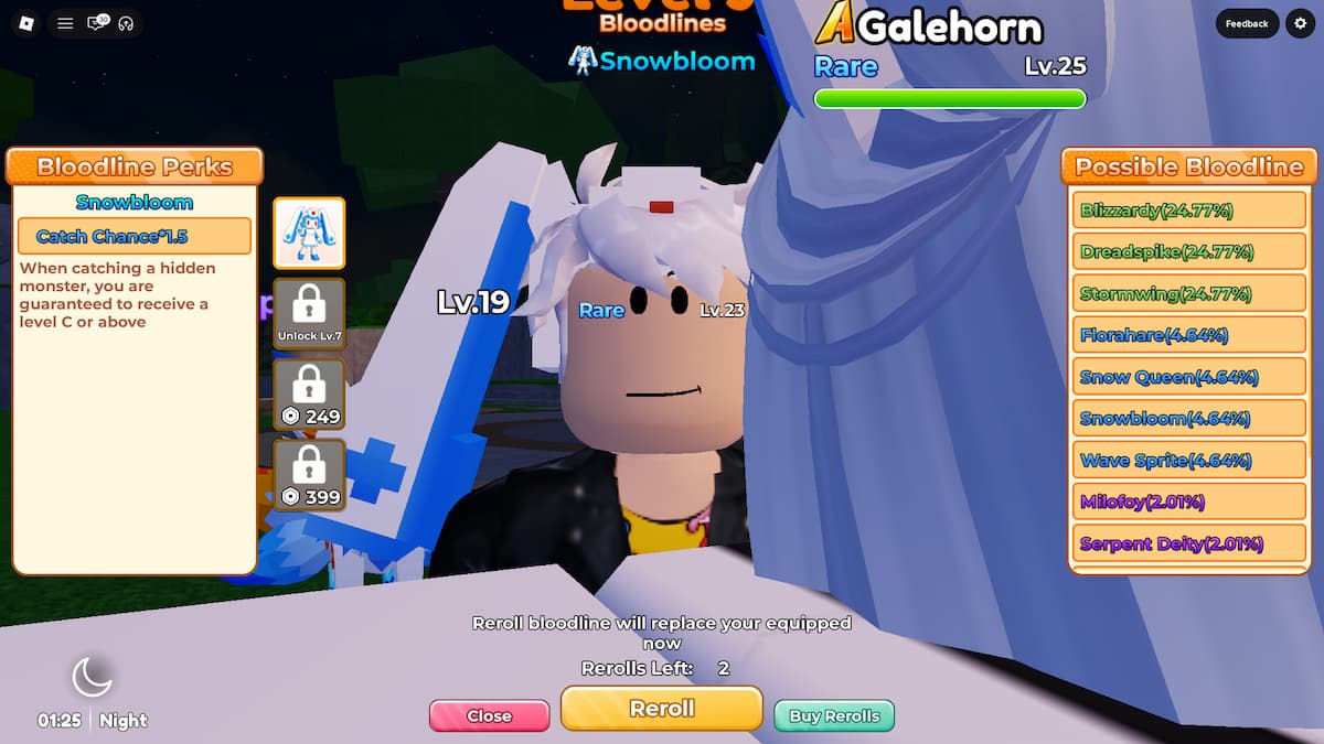 image montrant le menu Bloodline Reroll dans Blox Monsters