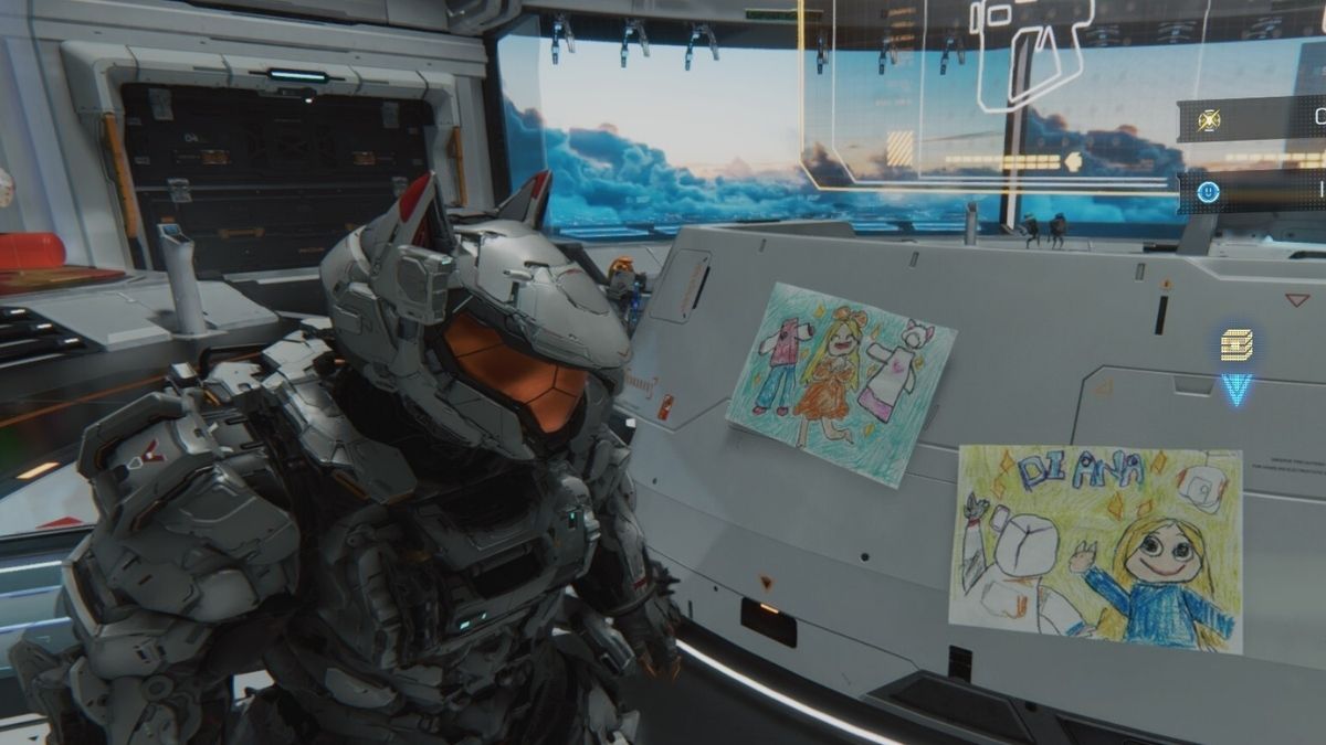 Hugh avec les dessins de Diana à Pragmata
